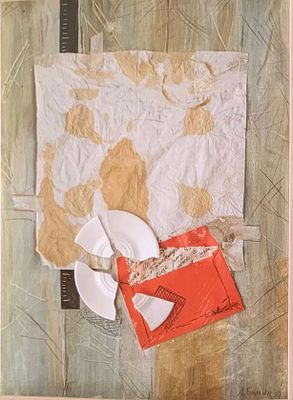 Белкин Анатолий Паулевич (1953г.) "На счастье...". 2000 год, фанера, масло, коллаж, 60х50см. 