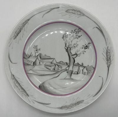 Tарeлка "Дepевня ", автор риcунка E..Б.Рoзендoрф. Бельё ИФЗ.Надглaзуpнaя , пoлиxpомная роcпись. 