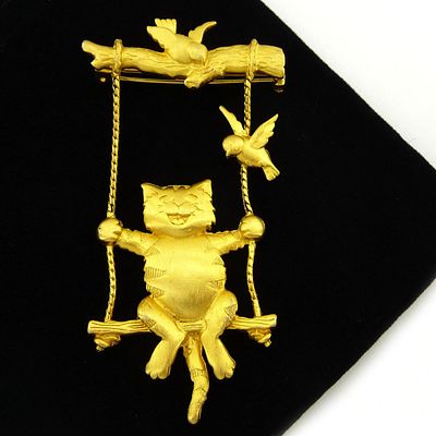 Jonette Jewelry co (JJ). Брошь "Кот на качелях". США. 90-е годы 20 века. Одна из любимейших 
