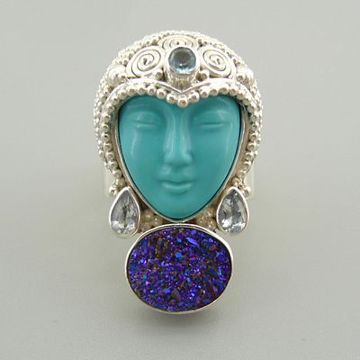 Sajen. Кольцо из коллекции "GODDESS". Серебро. Бирюза. Топазы. Крупное кольцо оригинального 