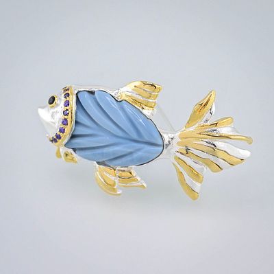 Брошь Рыбка серебро 925 проба опал аметисты. Крупная брошь в виде золотой рыбки Позолоченное 