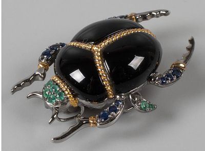 “Жук" брошь-кулон из коллекции '''Eden''. Style Avenue. Серебро, , Черный агат, изумруд, сапфир 