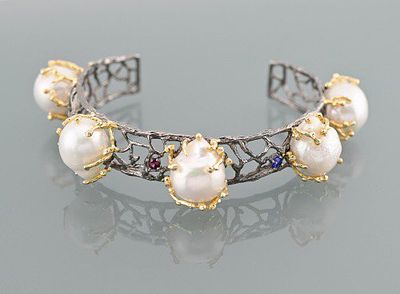 Браслет серебро 925 проба Жемчуг позолота. Интересный ажурный браслет из серебра с 