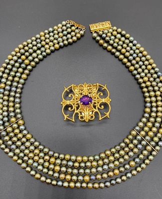 Роскошное пятирядный колье из морского культивированного жемчуга Южных морей с серебряным 