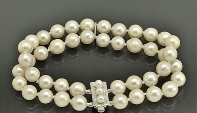 Винтажный двухрядный браслет из морского культивированного жемчуга Акойя ( Япония) с серебряным 