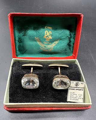 Винтажные советские запонки. Серебро 875, натуральный природный горный хрусталь общей массой 18 