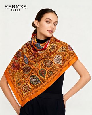 Шелковый платок Herm&egrave;s, модель под названием L'Arbre de Vie (Древо жизни) в оранжевом цвете. укра 