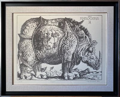 Плавинский Д.П.(1937-2012)"
&laquo;Древний носорог&raquo; 1995 г
Бумага, шелкография. Размер листа : 50 см 