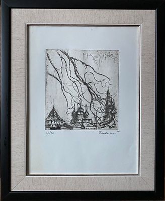 Плавинский Д.П.(1937-2012) Загорск. 1971 год 
Бумага, офорт. Размер листа: 37,5 см &times; 28,5 см. 