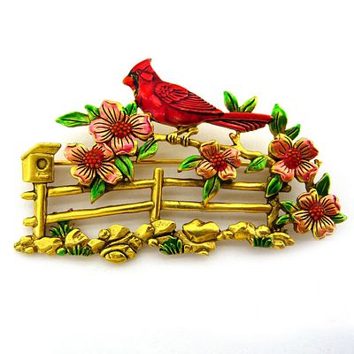 Jonette Jewelry co (JJ). Брошь "Красный кардинал". США. 80-е года 20 века. Яркая брошь с 