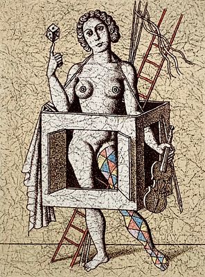 Валерий Мишин. Обнаженная метафизика бытия. Экслибрис. 1995, литография, ручная подкраска 