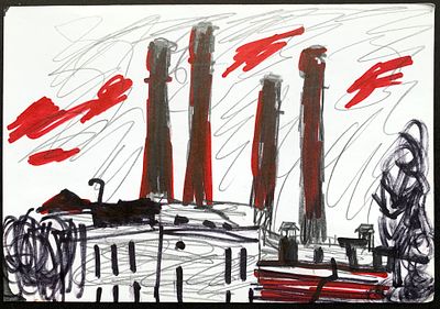 Васильева Ира. Слон, упавший на Фонтанке. 2010, фломастеры, карандаш, лист 14x20,5 см. На 