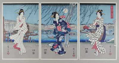 &laquo;Три гейши&raquo; Триптих Хиросиге (Hiroshige). Япония. Бумага, цветная ксилография. Листов 3(три). 