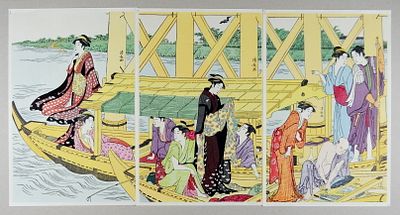 "Гейши на лодке&raquo; Триптих. Киёнага (Kiyonaga). Япония. Бумага, цветная ксилография. Листов 