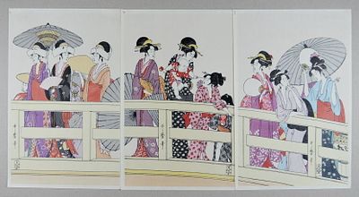 &laquo;Гейши на мосту&raquo; Триптих. Утамано (Utamano). Япония. Бумага, цветная ксилография. Листов 