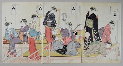 &laquo;Гейши&raquo; Триптих Хиросиге (Hiroshige). Япония. 1940 год. Подпись и ярлык арт дилера на каждом из 