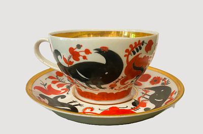 Ризнич Иван Иванович (1908–1998) Чашка с блюдцем "Косачи". 1978 год. Роспись надглазурная 