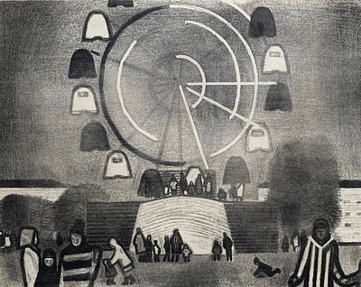 [Ленинградская литография / двойная] Виктор Вальцефер. Ленинград. На перроне аэровокзала. Из 