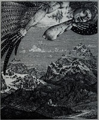 Калинович Константин. Печальный демон. Экслибрис. 2010-е, офорт с двух досок. Лист бумаги 