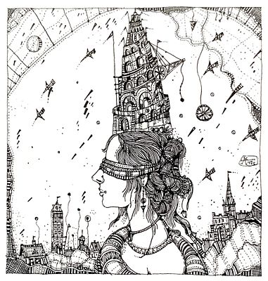Кобяк Александр. Дама с башней. 1997, тушь, 8,6х8,1 см. Лист 13,3х9,5 см. Подпись и год тушью в 