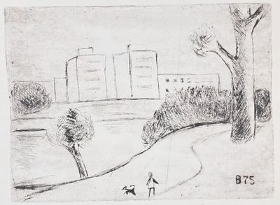 Шагин Владимир. На прогулке (название условное). 1975 г., офорт, 27х30см (лист); 16.2х22см 