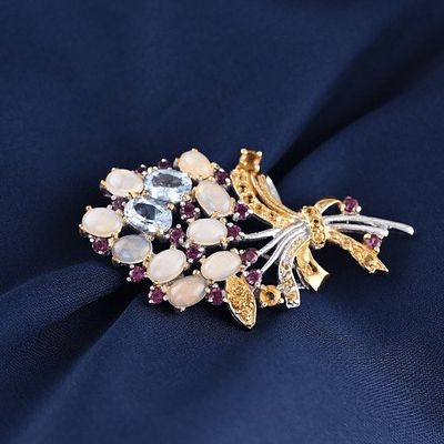 Брошь букет серебро 925 проба натуральные камни. Роскошная серебряная брошь в виде цветочного 