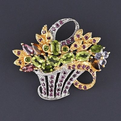Брошь-кулон корзинка серебро 925 проба натуральные камни. Роскошная серебряная брошь в виде 