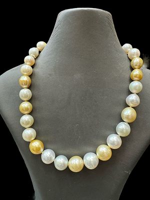 Large natural pearl necklace graded 14-12mm, 18K yellow gold lock studded with 0.20 CT natural 