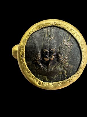 18K yellow gold ring with a matte finish handmade inlaid with a real antique coin (source or 