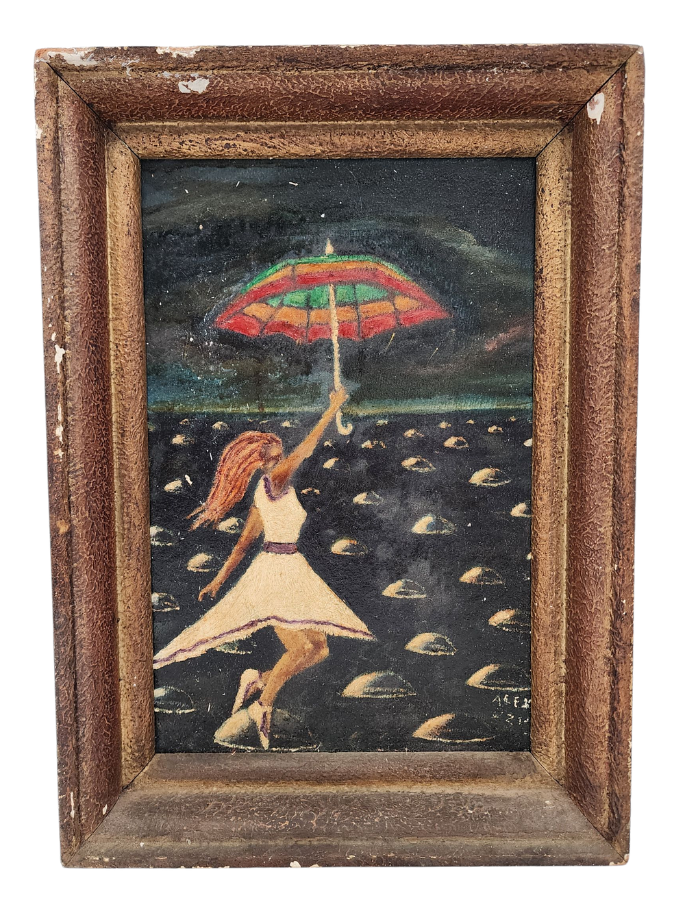 ציור דו צדדי שמן על לוח עץ חתום ממוסגר מידה 19/29 ס"מ מידה כולל מסגרת 25/35 ס"מ