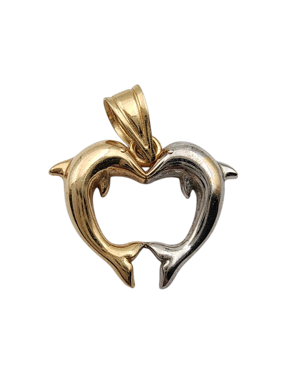 תליון לב זהב 14K מעוטר 2 דולפינים בעיצוב לב משקל 1.1 גרם מידה 1.5/2 ס"מ