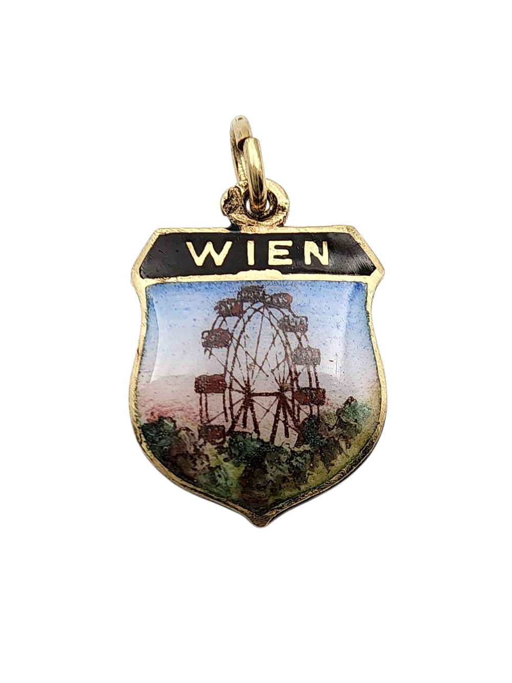 תליון וינאי זהב 14K משולב אמייל מצויר בעבודת יד אמן של גלגל הענק וינר ריזנראד בוינה אוסטריה 