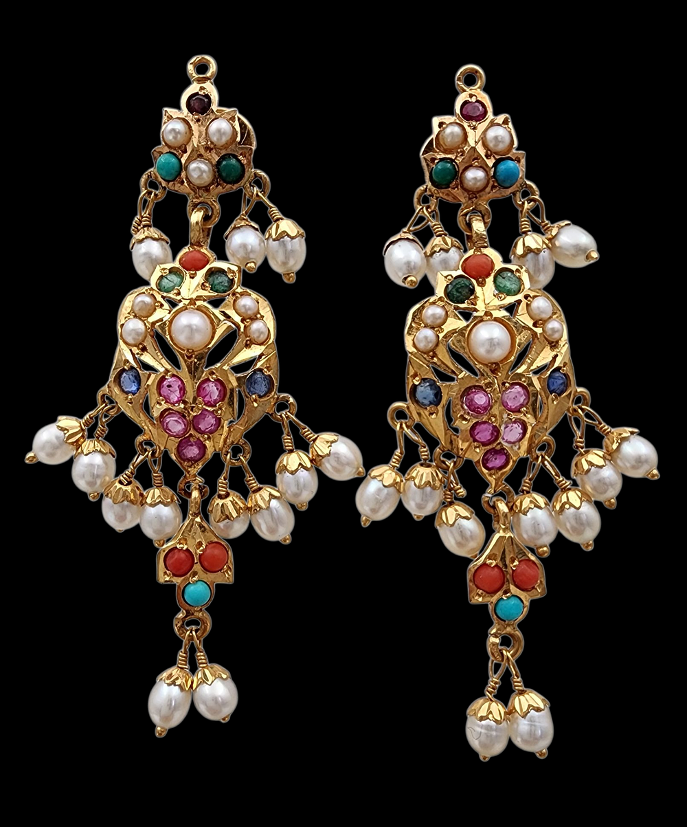 עגילי זהב 22K עתיקים רובי אמרלד ספיר טורקיז קורל ופנינים - עגילי זהב 22K מרהיבים מולטי קלר משובצים 