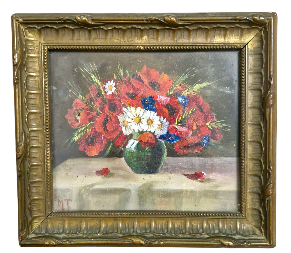 ציור שמן אירופאי עתיק על מזונית ממוסגר חתום אומן מידה 14/12 ס"מ