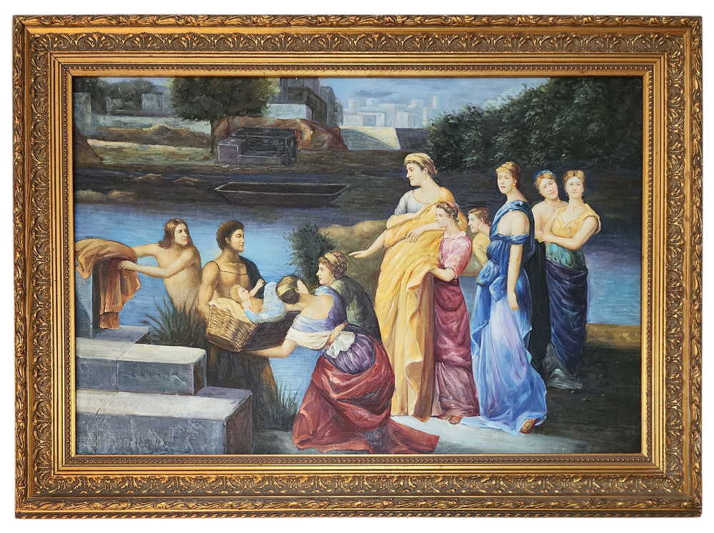 ציור גדול ממדים בת פרעה מצילה את משה רבינו שמן על בד ממוסגר במסגרת מפוארת מידה 90/60 ס"מ מידה 