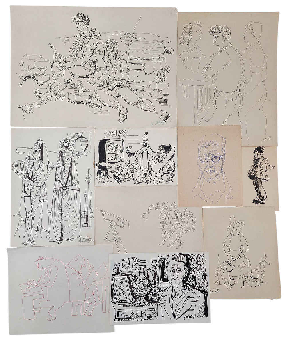 יוסי שטרן - לקט רישומים ביד ליטוגרפיות והדפסים חלקם חתומים שטרן גודל דף A4 הכי גדול