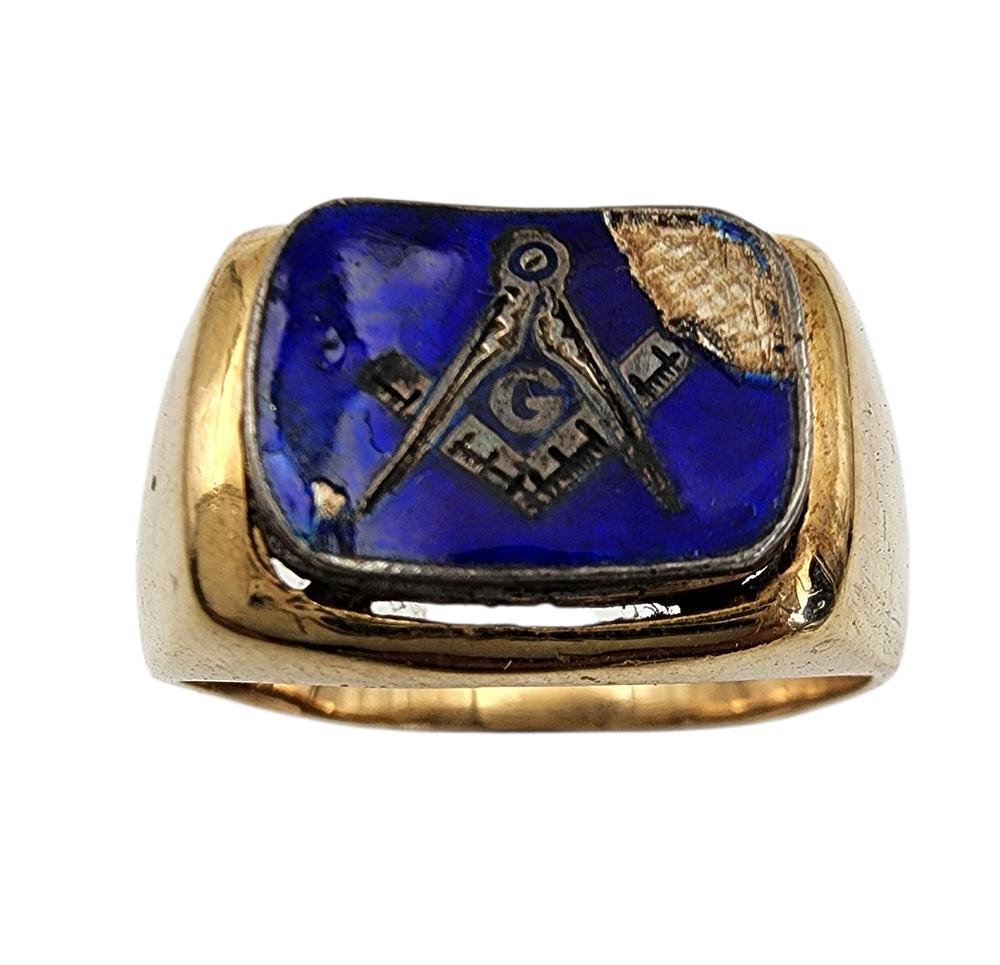 טבעת זהב 14k לגבר של הבונים החופשיים משולבת עבודת אמייל כחולה בסמל הבונים חופשיים Freemasonry 