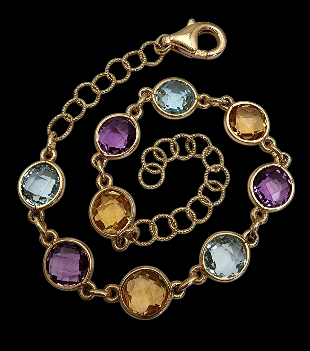 צמיד זהב 14K מרהיב עשוי חוליות משובצות באבני חן טבעיות בלו טופז סיטרין ואמטיסט אורך מ15 עד 18 