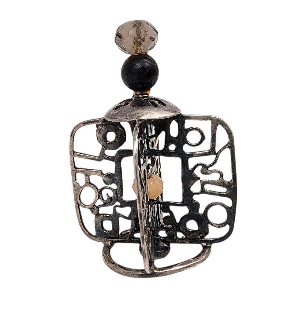 סביבון כסף מודרניסטי משולב אבני חן טבעיות מלוטשות, חתום, גובה: 5.5 ס"מ, משקל: 18.5 גרם