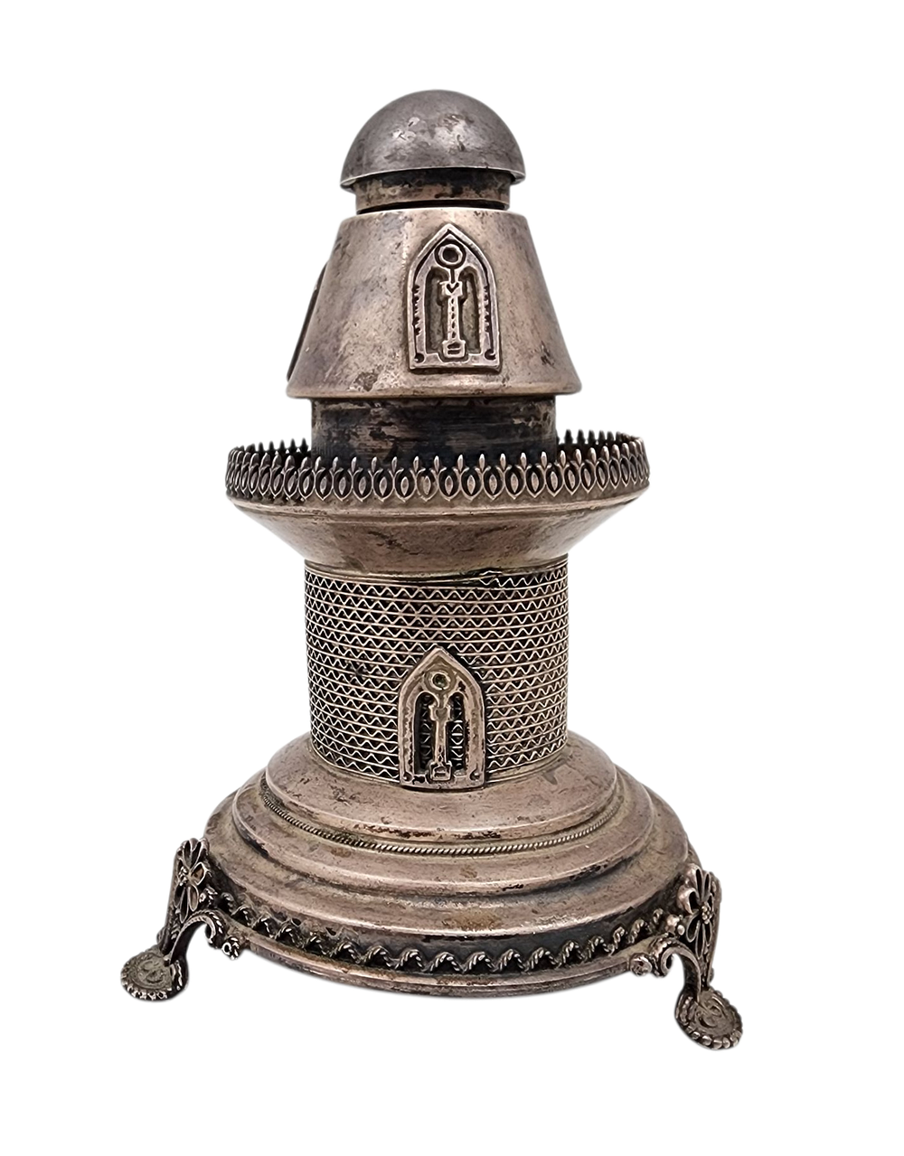 מגדל בשמים להבדלה כסף 925 ישראלי בעיצוב מצודה מעוטרת עבודת פיליגרן גובה 12.5ס"מ רוחב 7 ס"מ משקל 