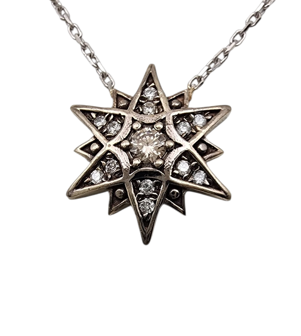 שרשרת ותליון זהב 14K משובץ יהלומים בעיצוב כוכב בסגנון ויקטוריאני משקל 2.4 גרם מידה 12 מ"מ אורך 