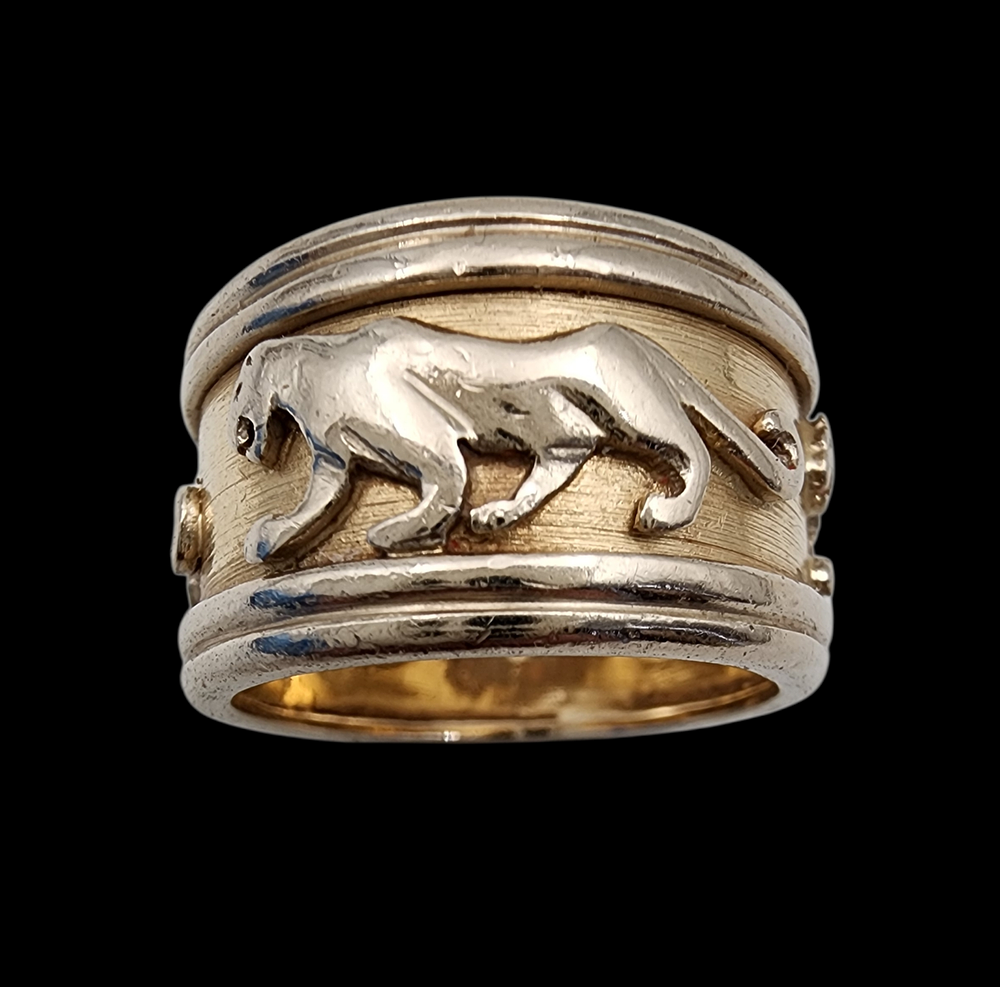 טבעת לביאות זהב 14K בעיצוב לביאות משולב זהב לבן וצהוב מידה 6.5 USA משקל 8.5 גרם