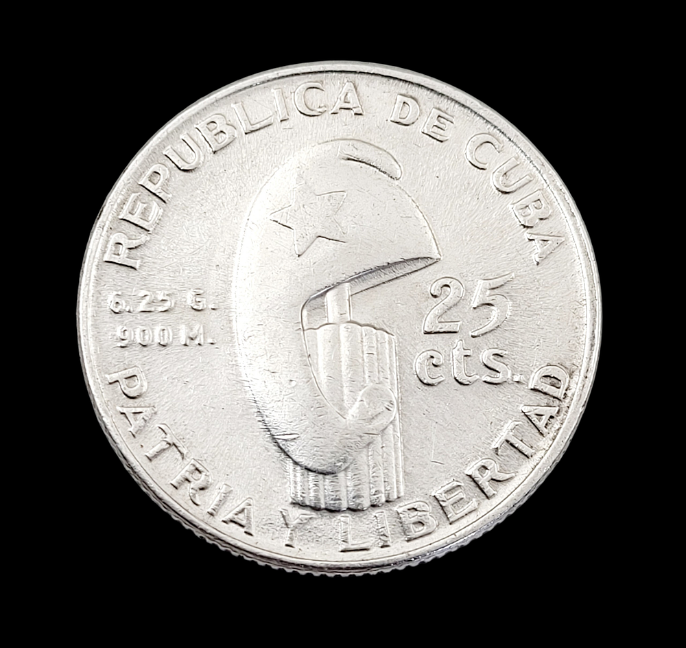 מטבע זיכרון חגיגות כסף עתיק 25 סנטאבו הרבובליקה של קובה שנת 1953 משקל : 6.3 גרם קוטר: 2.3 ס"מ