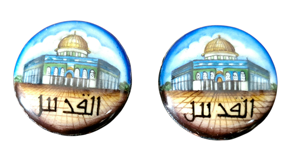 2 לחיות נחושת ציור אמייל עבודת יד מקום המקדש חתום אומן מאחור קוטר 1 ס"מ