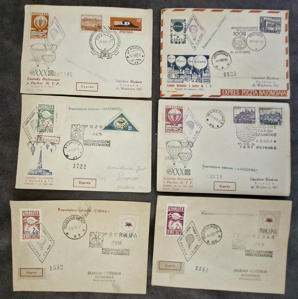 לקט 6 מעטפות אספנות ממוספרות גלויה פוזנן פולין טיסה בכדור פורח בדברובה