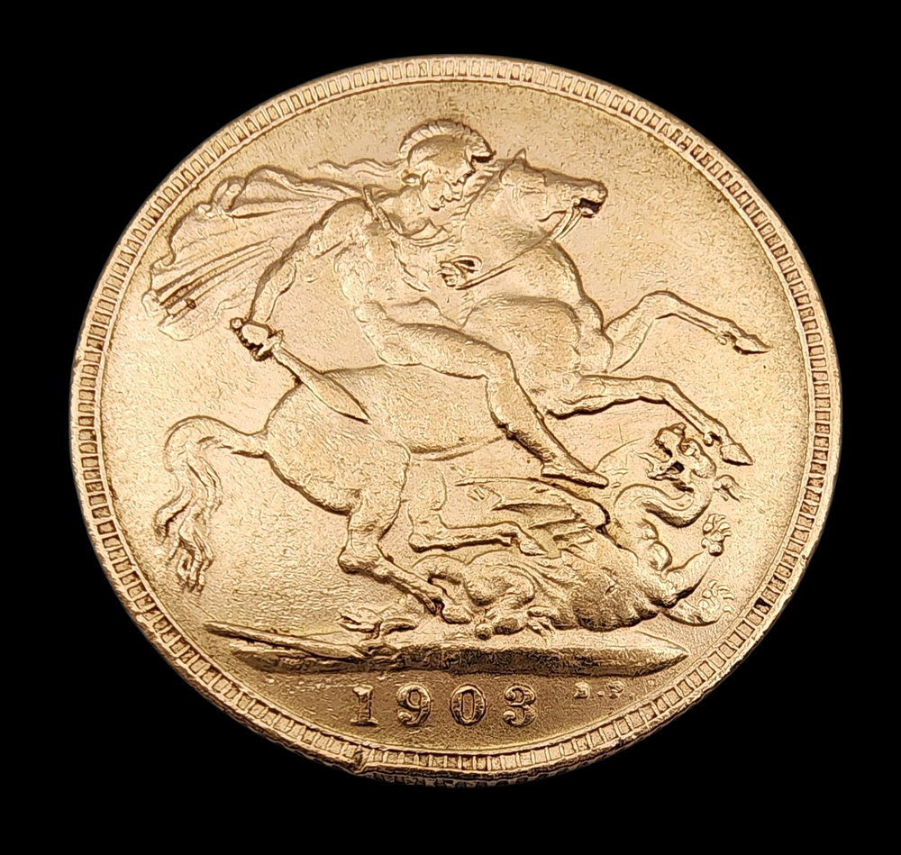 מטבע סוברן זהב 22K בריטי, אדוארד השביעי 1903-P הוצאת פרת', אוסטרליה.
סוברין זהב 917 משקל 7.97 גרם