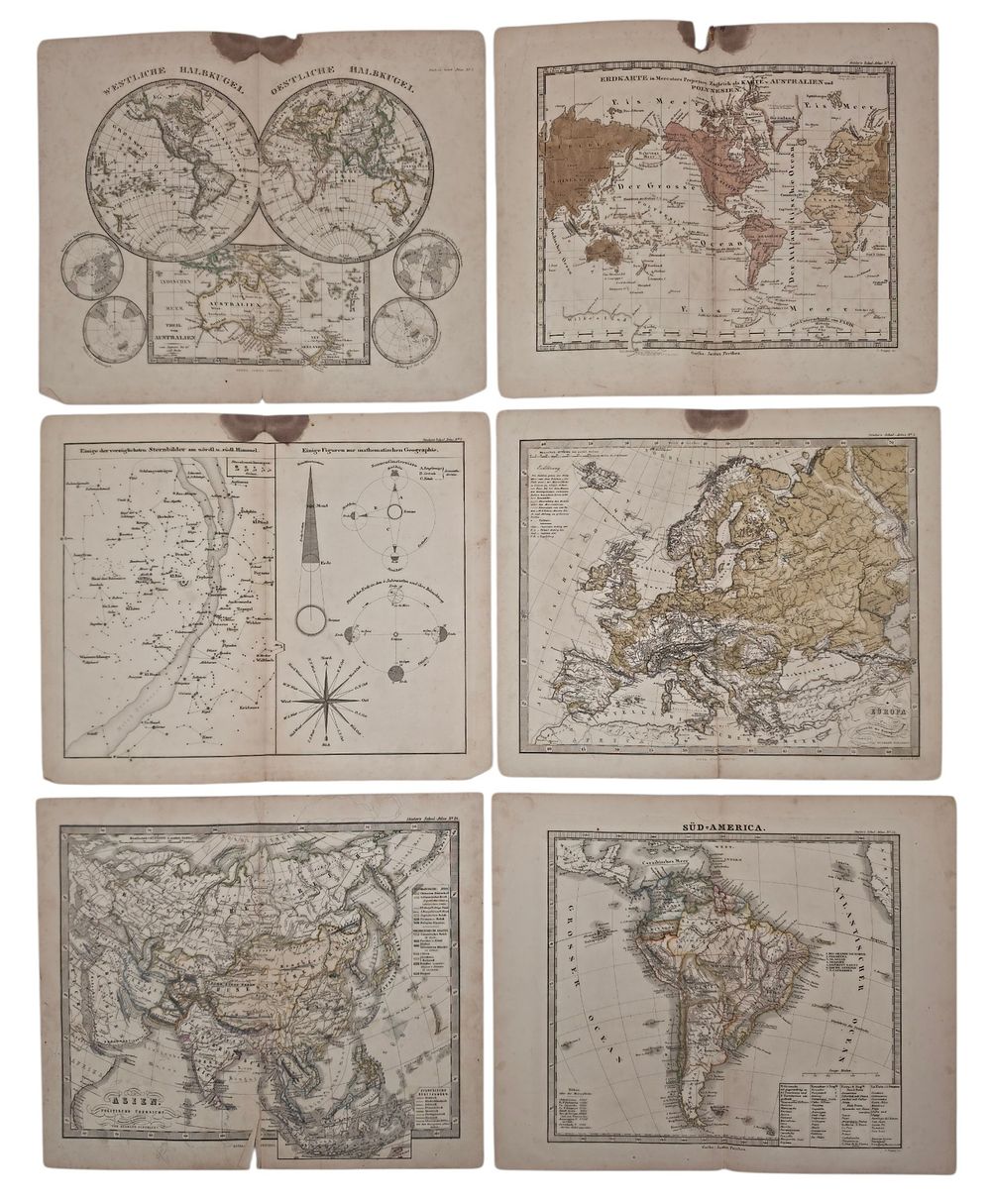 לקט 12 דפי מפות ותחריטי אטלס שטילר Stieler's Atlas גרמניה 1860 מחצית המאה ה19 חלקם צבועות ביד 