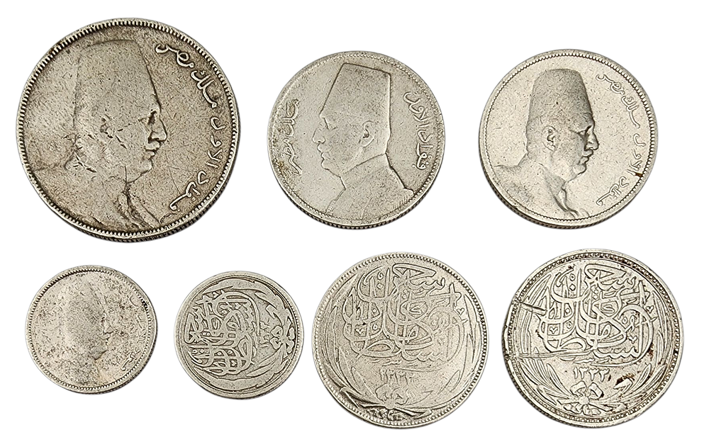 לקט 7 מטבעות 10/5/2 פיאסטר כסף 835 מצרי שנים 1917/23/29/33 משקל כולל 45.5 גרם