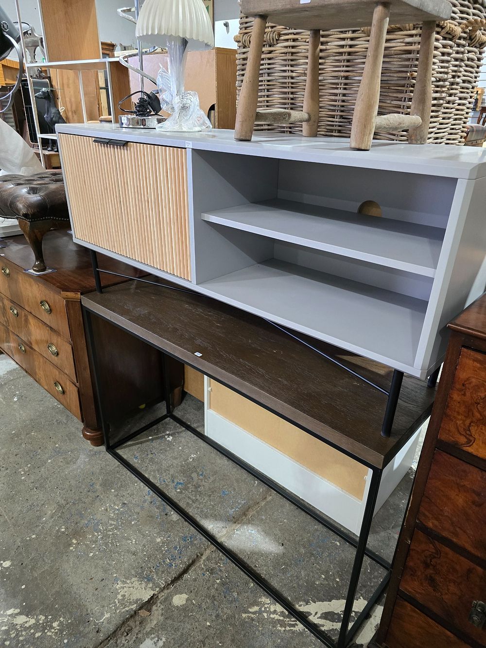 Lot 61: 1 X GRAY AND WOODEN DOUBLE DOOR ENTERTAINMENT...
