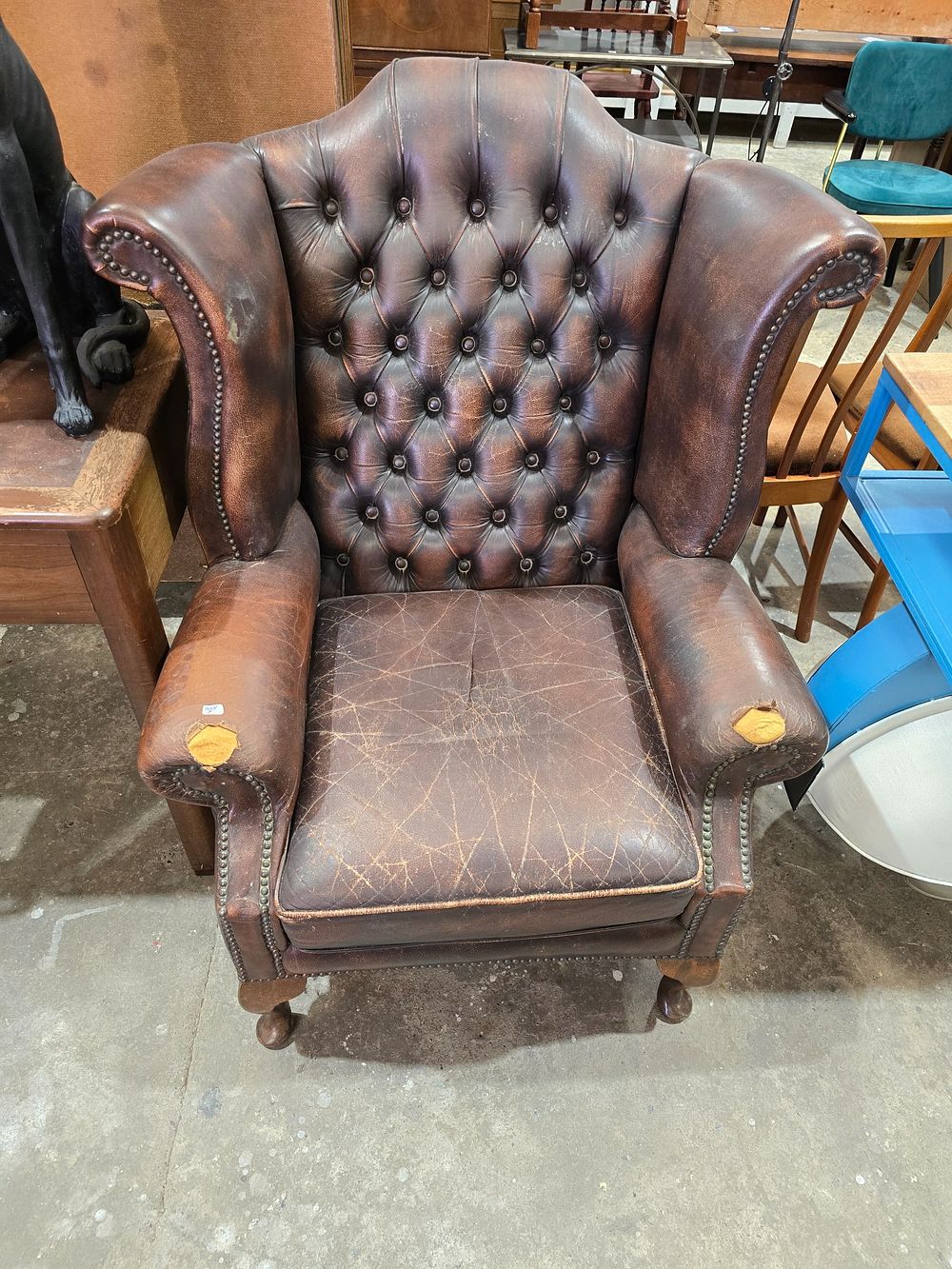 Lot 106: 1 X BROWN LEATHER CHESTERFIELD ARM CHAIR NEEDS...